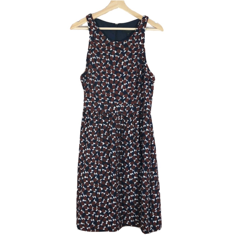 J Crew A-Line Dress Sleeveless Printed Brown Navy Sz 10